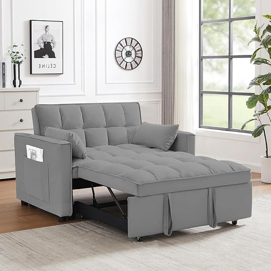 Sleeper Sofa Bed55 Inch Convertible 3-in-1 Pull Out Bed with Side Pockets Velvet Fabric Loveseat Sleeper Sofa with Adjustable Backrest for Living RoomBedroomApartment and Small Space(Grey)