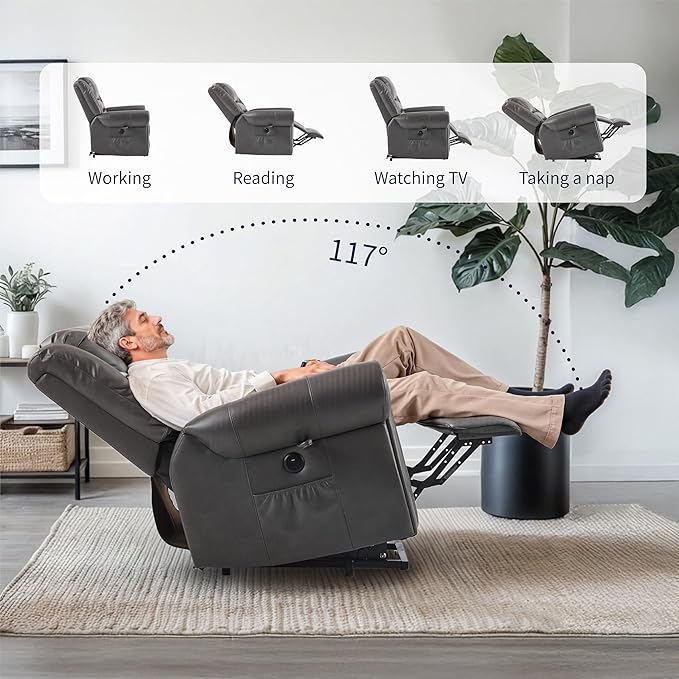 Power Lift Recliner Chair with Massage and Heating PU Leather Electric Recliner Sofa with USB Charger 300lbs Capacity Lift Chair 8-Point Massage &amp Lumbar Heating Easy Assembly(Gray)