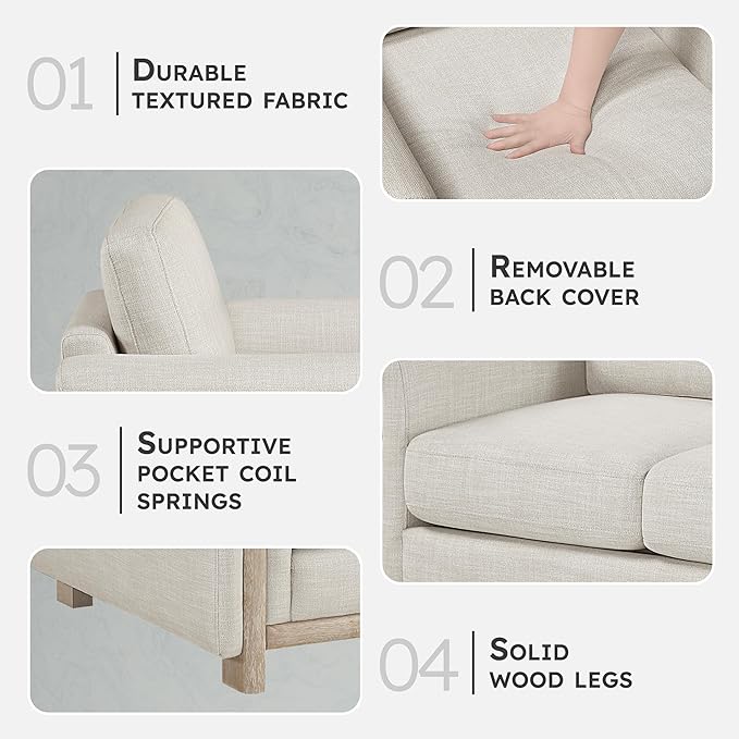 Lexicon Modern Upholstered Living Room Sofa Textured Fabric Sofa Couch Track Arm Wood Frame and Natural Finish Wood Legs Reversible Back Cushion No Assembly Beige