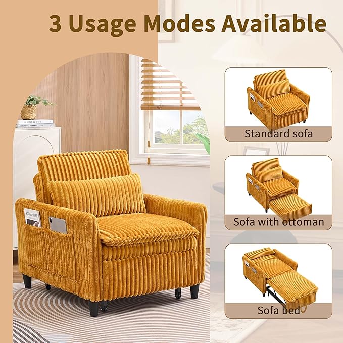 Modern Corduroy Fabric Sofa Bed Futon 3 in 1 Convertible Pullout Bed Sleeper Couches with 3 Reclining Backrests Small Sofa Chair Bed for Living Room Bedroom (Yellow)