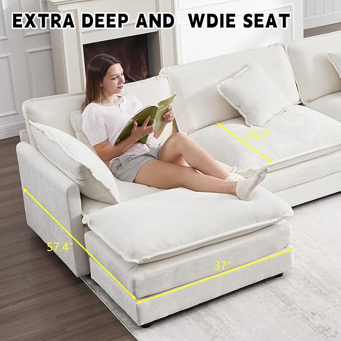 GNIXUU 76.7 White L Shaped Comfy Chenille Modular Cloud Sofa Modern 2 Seater Couch with Movable Ottoman Deep Seat Sofa with 4 Pillows for Living Room Apartment Small Places