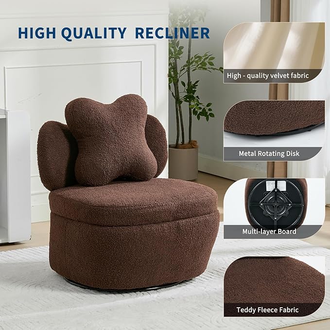 Teddy Velvet 360° Swivel Accent Chair with Storage Comfy Upholstered Barrel Chair Star Pillow Single Sofa for Living Room Bedroom Small Spaces Coffee