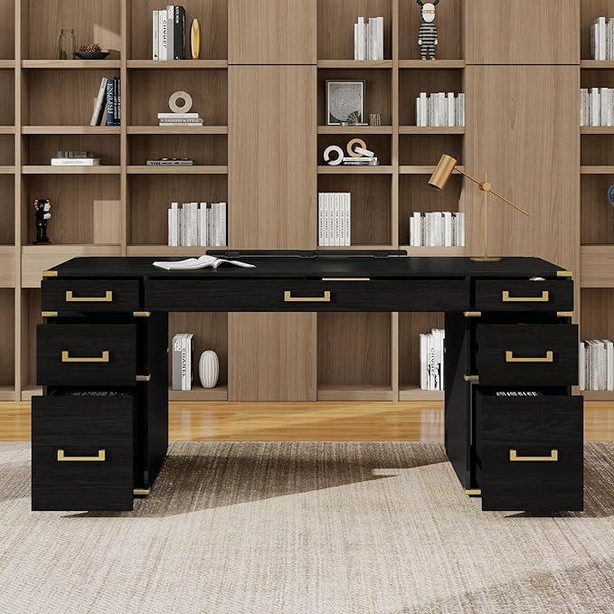70 Extra-Large Executive Desk with Metal Edge Trim Classic Traditional Writing Desk for Home Office - 7 Drawers USB Ports Hidden Compartment &amp Drop-Front Keyboard Tray