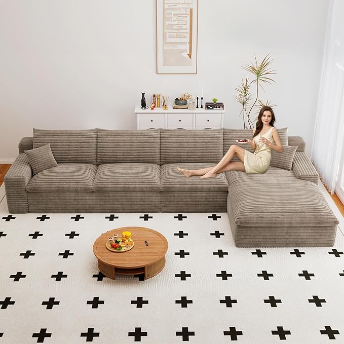 Cloud Sectional Couch136 Inch Modular Sectional Sofa with Deep Seat Modern Corduroy Boneless Couches with L-Shape Chaise for Living Room Bedroom No Assembly Required (Camel Right Facing Chaise)