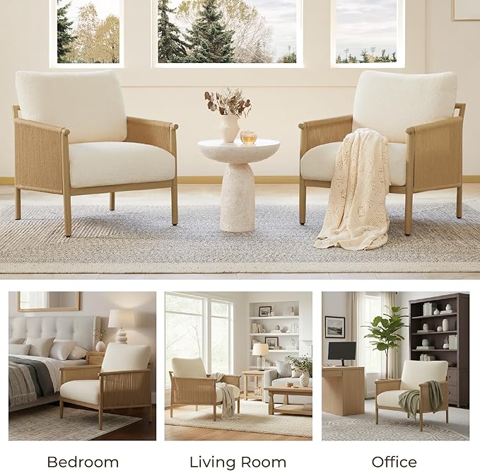 CHITA Braid Accent Chairs Modern Armchair with Wood-Like Finish Metal Frame for Living Room and Bedroom Boho Reading Chair Cream