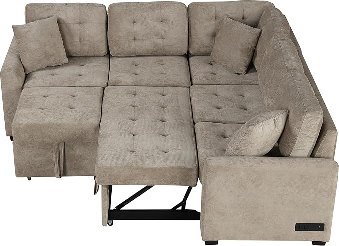 82.6 L-Shape Sofa Bed with Wheels Pull-Out Sleeper Sofa with USB Ports and Power Sockets Multifunctional Convertible Sectional Sofa Set for Living Room Bedroom (khaki-11x)
