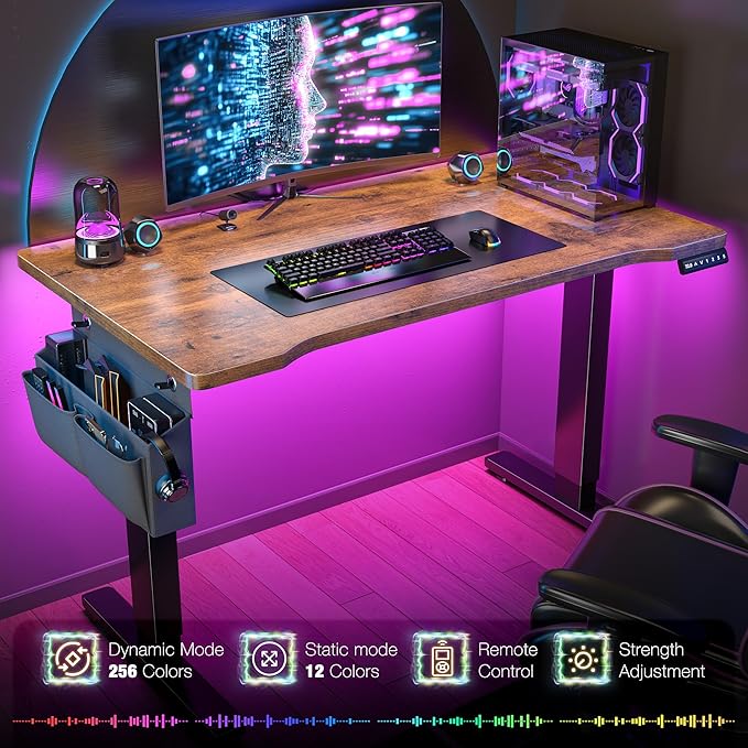 EnHomee Gaming Desk with LED LightsComputer Desk Adjustable Electric Standing Height Office Desk with 3 Memory PresetStorage Side Pocket and Cable ManagementRustic Brown48 x 24 Inch