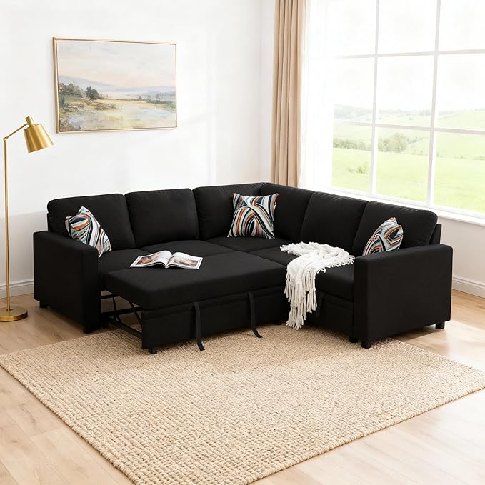 Sectional Sleeper Sofa with Pull Out Bed L Shape Convertible Couch with Storage Chaise Comfy Sleeper Couch 2 in 1 Pull Out Sofa Bed with 5 Seats for Living Room Apartment Black
