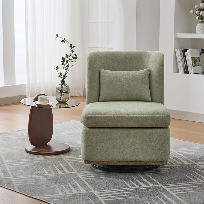 Modern Swivel Accent Chair 25.2 Wide Chenille Upholstered Armless Sofa Chair with Pillow 360° Swivel Reading Chair with Metal Base for Living Room Family Room Bedroom Lounge Area Office Pale Green