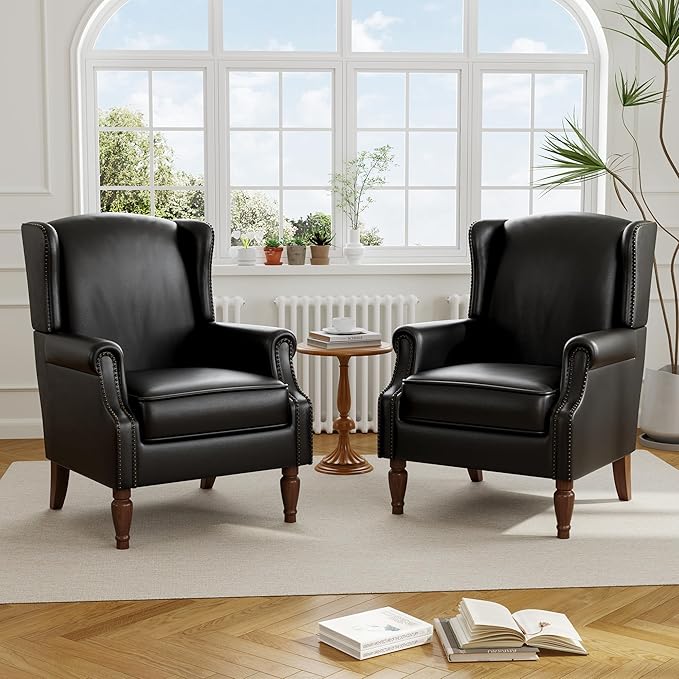 Floral High Back Accent Chair Upholstered Armchair with Solid Wood Legs Comfy Wingback Reading Single Sofa Chair for Small Spaces Living Room Bedroom(Leather Black Set of 2)