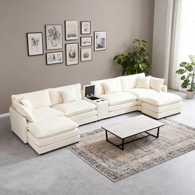 159 Oversized Modular Sectional Sofa Modern Large 6 Seater U Shaped Sectional Couch with Ottoman Comfy Cloud Couches with Cup Holders &amp USB for Living Room Spacious Space (Beige)