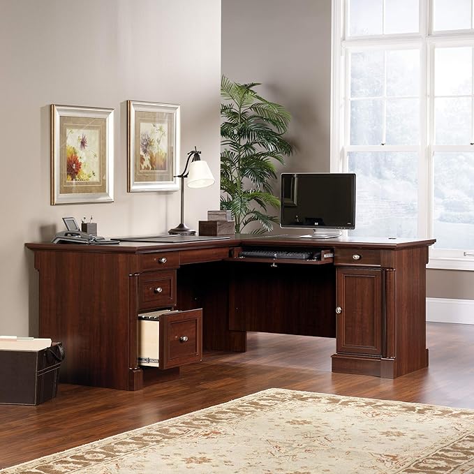 Sauder Palladia L Shaped Desk with Drawers Office Desk with File Cabinet Storage Cable Management Keyboard Tray in Select Cherry finish