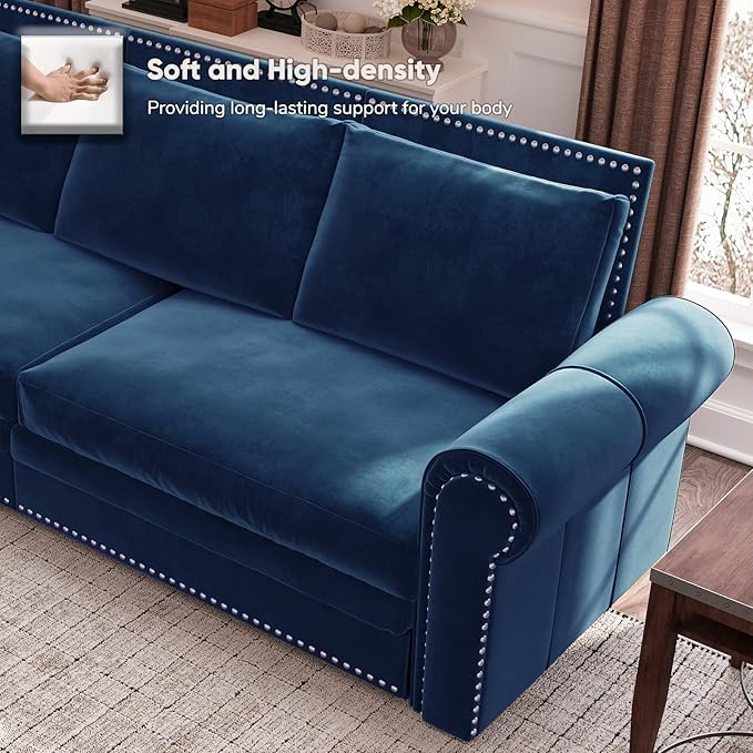 JOYBASE Pull Out Sofa Bed King-Size Convertible Sleeper Sofa Modern 3-Seater Velvet Couch with Nailhead for Living Room Office Apartment (Blue)