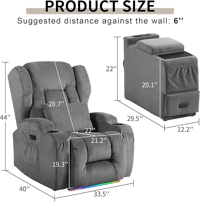 DRMBOOK Power Recliner Chair Electric Wall Hugger Reclining Sofa with Massage &amp Heat Overstuffed Theater Seating with LED/USB Port/Cup Holders for Living Room (Linen Grey 1 Chair with Console)