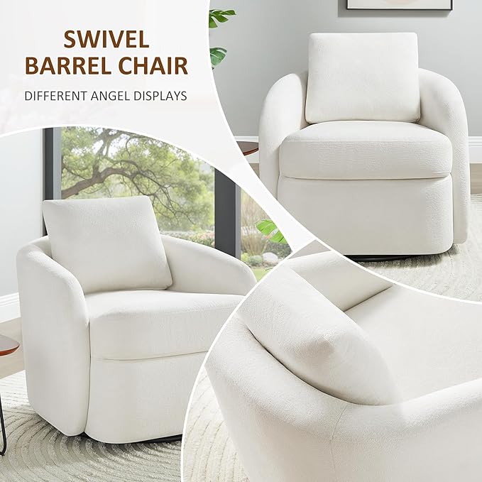 Swivel Barrel Chair Cloud 360° Upholstered Armchair with Removable Throw Pillow for Living Room Bedroom Modern Comfy Single Sofa Chairs Fully Assembled Set of 2 White