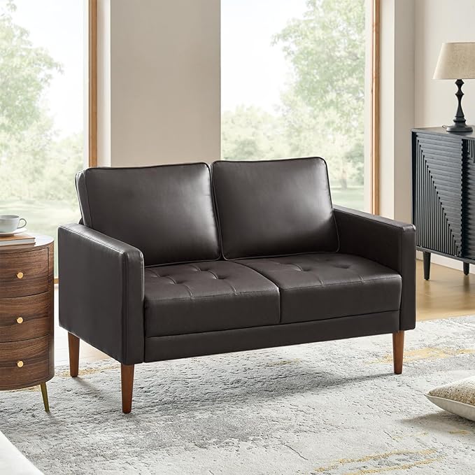 HULALA HOME Mid-Century Modern Faux Leather Loveseat Sofa with Movable Backrest Cushions Button-Tufted 2-Seater Sofa with Wooden Legs Small Love Seat Accent Couch for Living Bedroom Brown