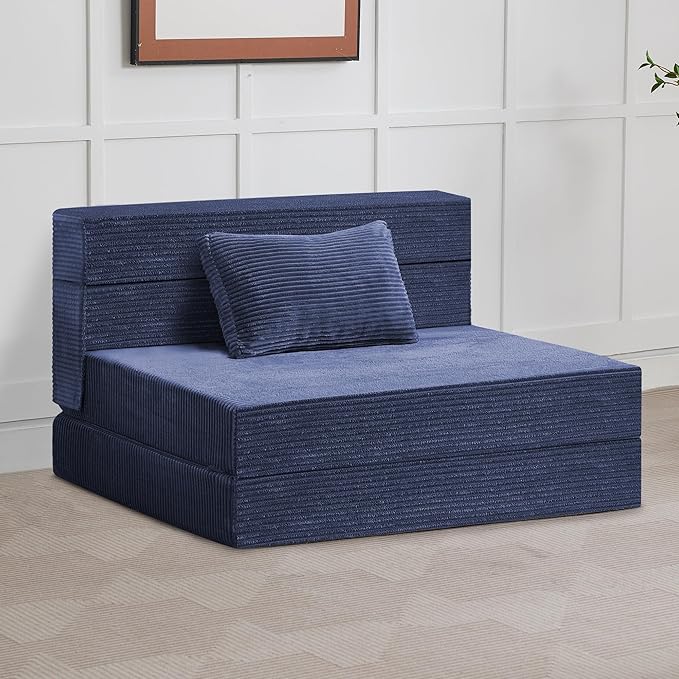 Folding Sofa Bed Convertible Floor Couch Foldable Chair Bed with PillowLinen Sleeper Chair FutonFoldable Memory Foam Mattress for Bedroom/Living Room/Dorm/Office (Corduroy Navy Standard)