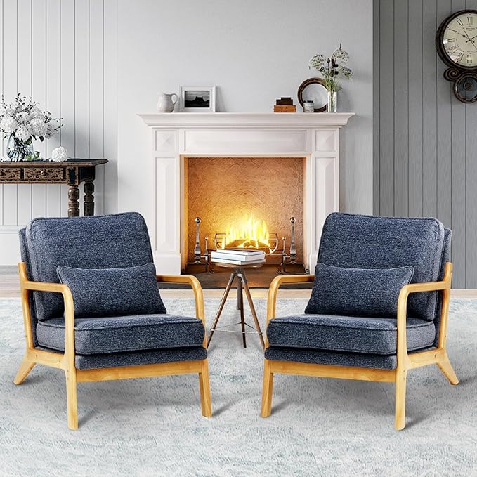 Mid-Century Accent Chair Set of 2 with Solid Wood Frame Reading Relaxing Armchair Lumbar Pillow&amp Soft Cushion Leisure Chair for Living Room Bedroom Waiting Room-Blue