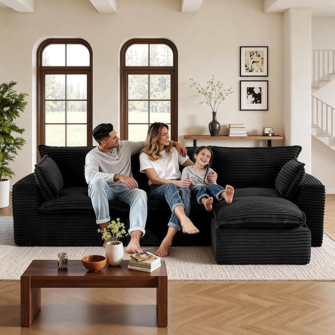 110 Sectional Couches for Living Room Boneless Couch Upholstered Cloud Couch Sectional Modular Sectional Sofa with L Shaped (Corduroy-Black 3 Seat+1 Ottoman)