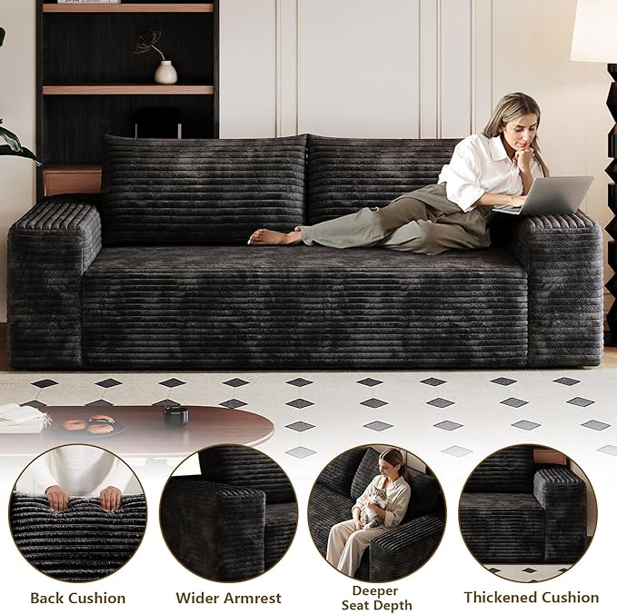63 Boneless Loveseat Sofa - Cloud Couch with Memory Foam Comfy Deep Seat - Corduroy Floor Sofa No Assembly Required - Small Space Friendly for Living Room Bedroom Apartment Black