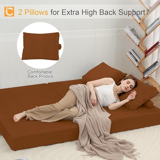 COMAX Convertible Sofa Bed Folding Floor Couch Corduroy Fold Out Couch Bed Futon Sleeper Mattress with Pillows Boneless Sofa Comfy Lounge Loveseat for Living Room Bedroom Orange