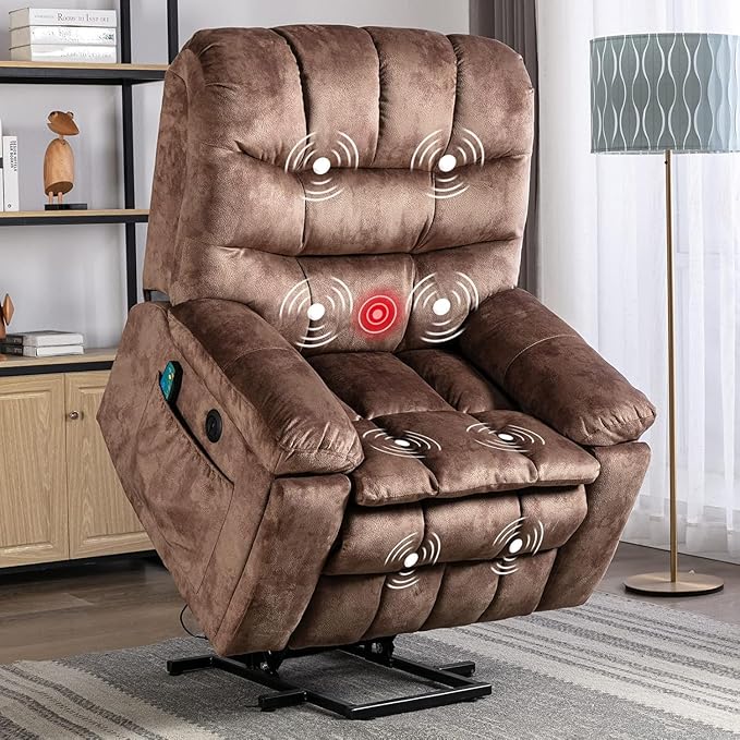 CANMOV Large Power Lift Recliner Chairs with Massage and Heat for Elderly Heavy Duty and Safety Motion Reclining Mechanism Electric Wide Recliners with USB Ports 2 Hidden Cup HoldersBrown