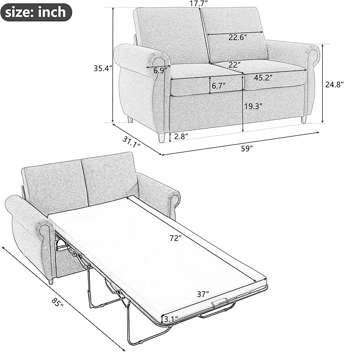 P PURLOVE Pull Out Couch MattressSleeper Sofa Chair Loveseat Sleeper with Twin Size Memory Mattress for Apartment Home OfficePillow Not Included