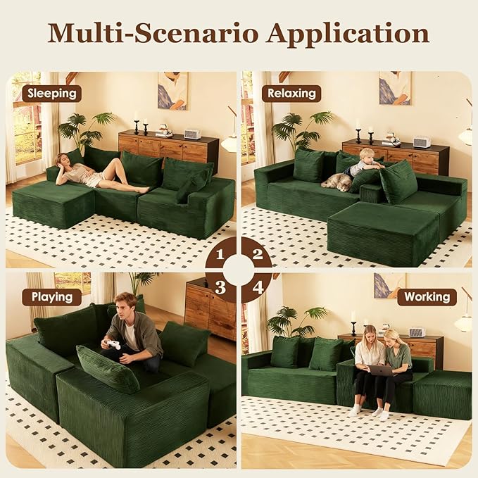 INGEROOM 108 Cloud Sectional Couch with L-Shape Chaise Modular Sofa Memory Foam Boneless Sofa with Movable Ottoman Plush Corduroy Memory Foam Couch for Living Room No Assembly Forest Green