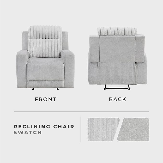 Lexicon Modern Recliner Chair for Living Room Manual Wall Hugger Textured Microfiber Reclining Chair Plush Corduroy Channel Seat Back Manual Recliner Light Gray
