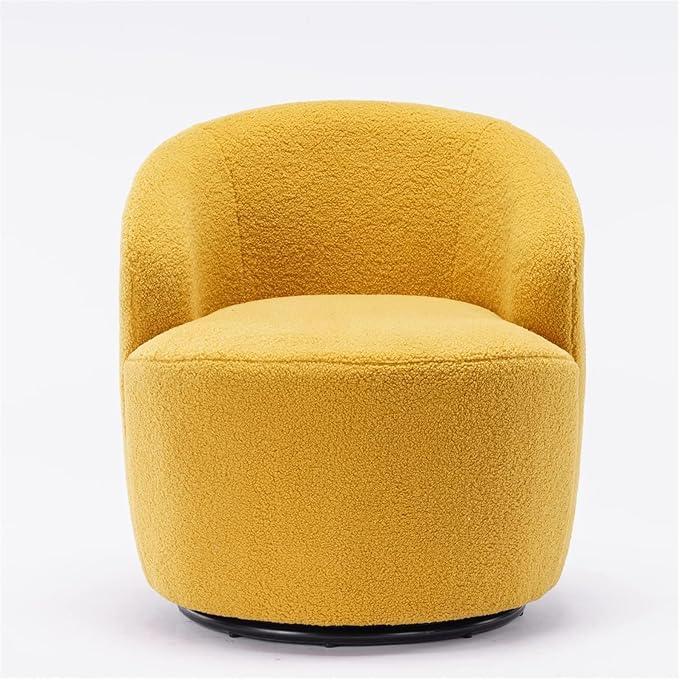 360 Degree Swivel Chair Teddy Fabric Modern Bucket Chair with Black Powder Coated Metal Ring for Living Room Bedroom (Yellow)