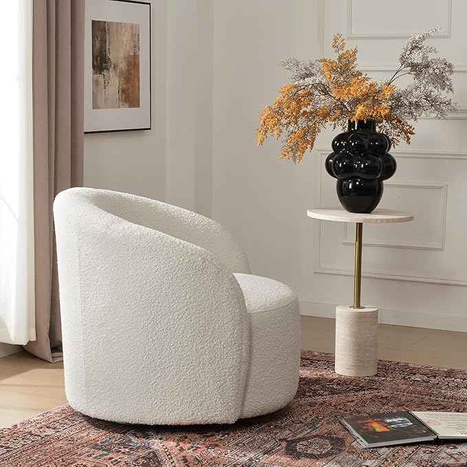 KINWELL 34 W Mid Century Modern Swivel Barrel Chair Round Upholstered Boucle Swivel Accent Chairs No Assembly Sofa Chair for Living Room Bedroom Reading Apartment Lounge Nursery(Cream)