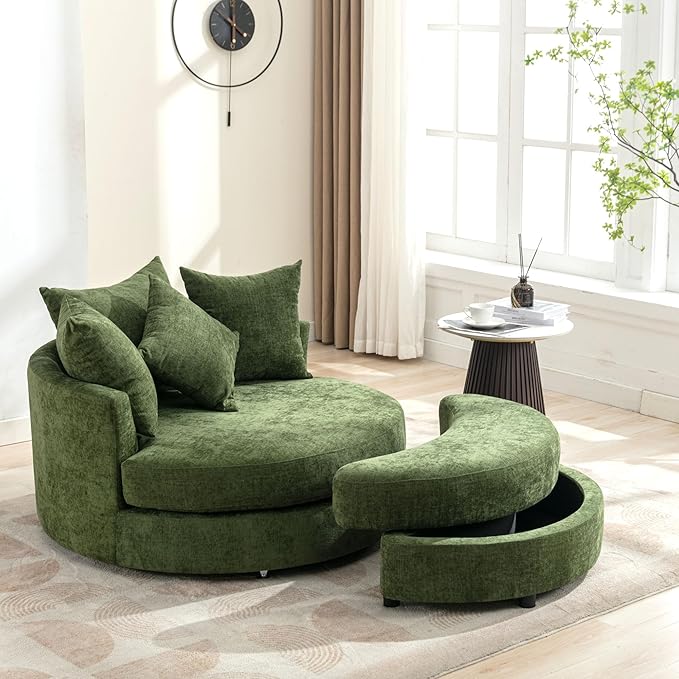 360° Swivel Accent Barrel Chair with Storage Ottoman Modern Linen Leisure Chair Round Accent with 4 Pillows Metal Base Bucket Design Leisure Loung for Living Room (Green * Ottoman)