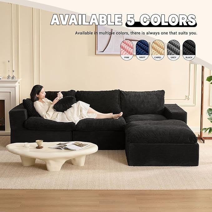 106.3” Sectional Couches for Living Room Set of Cloud Couch Modular Sectional Sofa Convertible Sofas Bed Deep Seat Sofa L Shaped Cozy Sofa Furniture Set Corduroy Black