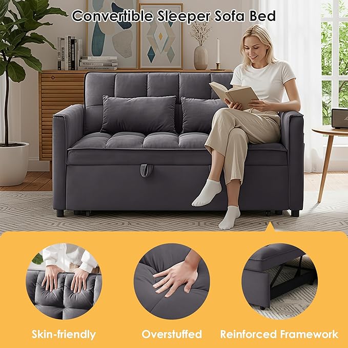 Dreamzie 3 in 1 Convertible Sleeper Sofa Bed Pull Out Couch for Living Room with Side Pocket Loveseat Sleeper with Adjustable Backrest (Fabric Dark Grey)