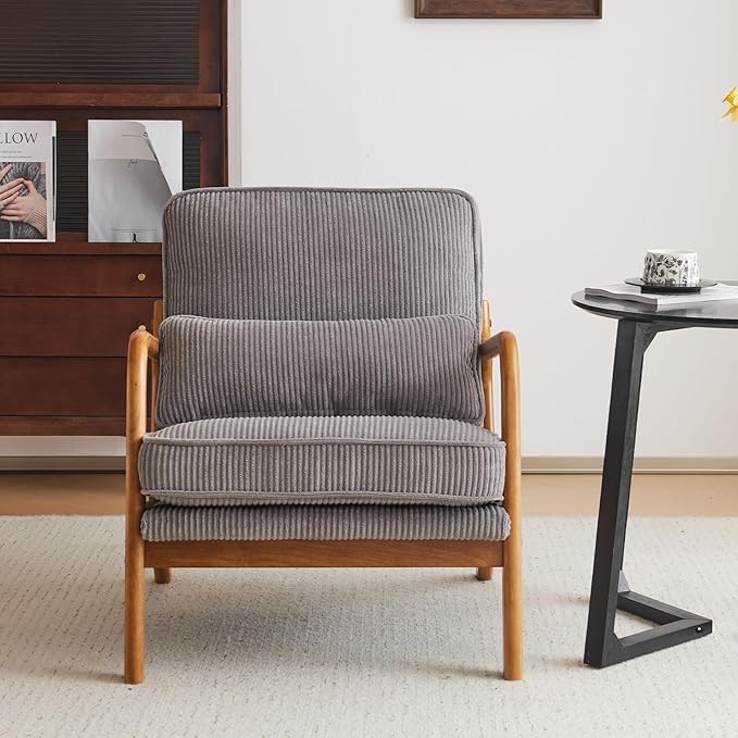 Karl home Mid-Century Modern Accent Chair Living Room Chairs with Pillow Corduroy Upholstered Lounge Armchair with Solid Wood Frame &amp Soft Cushion for Bedroom Reading Room Gray