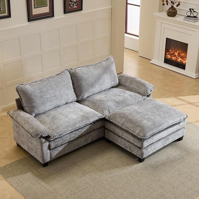 VINGLI 87 Chenille Double Layer Loveseat Sofa with 1 Ottoman L-Shaped Sectional Cloud Couch for Small Spaces Modern 2-Seater Sofa Set for Living Room &amp Apartment Light Gray