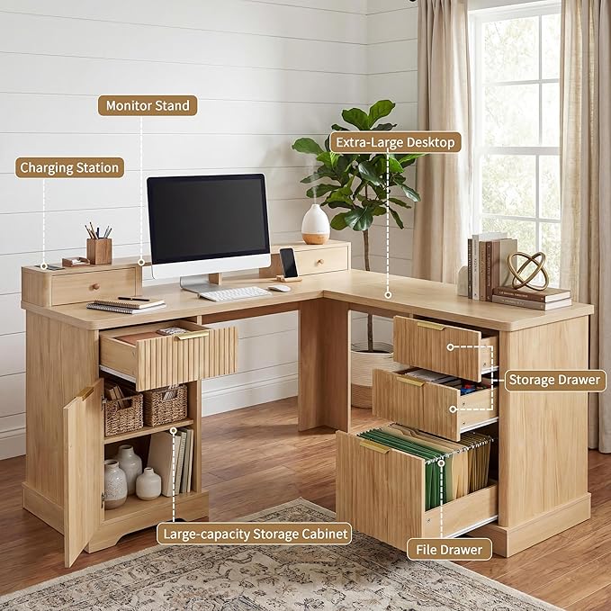 L Shaped Home Office Desk with Drawers Wood Corner Computer Desk with File Cabinet and Storage Shelf Executive Work Study Writing Table with Power Outlets and Monitor Stand 59 Inch Natural Wood