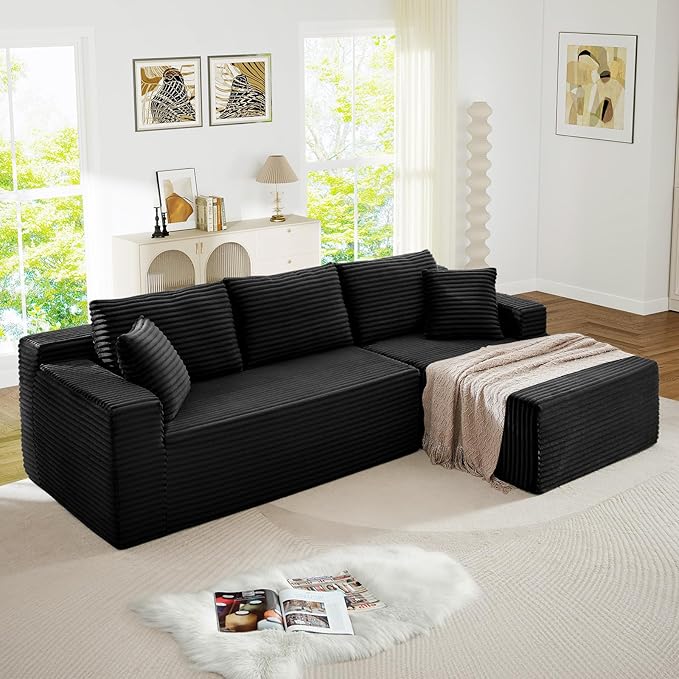 103 Modern L-Shaped Modular Sectional Sofa Comfy Corduroy Deep Seat Oversized Black Cloud Couch Deep Seat Compressed Foam Boneless Couches for Living Room No Assembly (Black Right Facing Chaise)