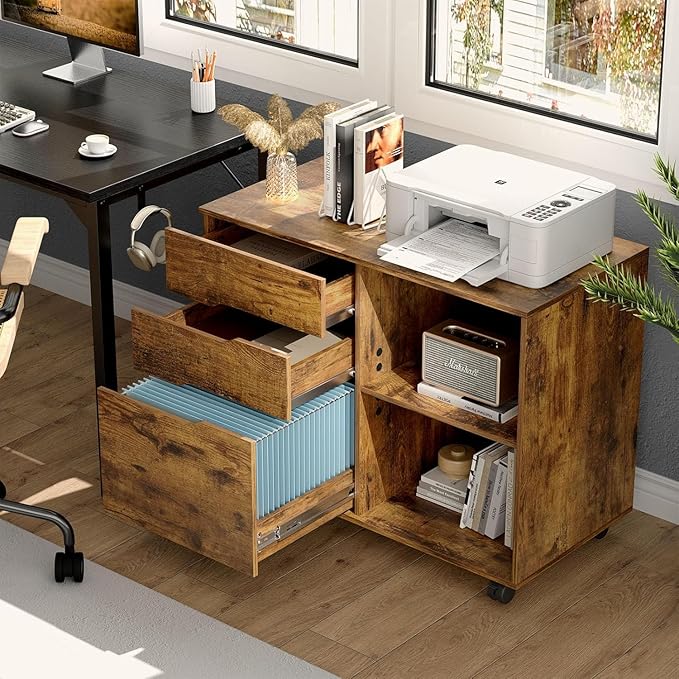 File Cabinet with 3 Drawers Mobile Lateral Filing Cabinet with Open Storage Shelves for Home Office Under Desk Storage Brown