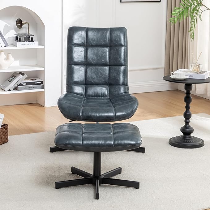 Roundhill Furniture Arlena 2-Piece Seating Set Faux Leather Tufted Accent Chair and Ottoman Blue