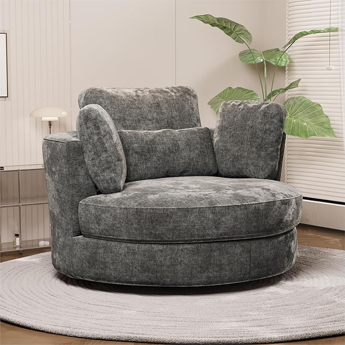 Chifee &amp Vingol 50.2 Oversized Swivel Accent Chair Upholstered Round Barrel Chair with Pillows Swivel Chairs for Living Room BedroomChenilleGray