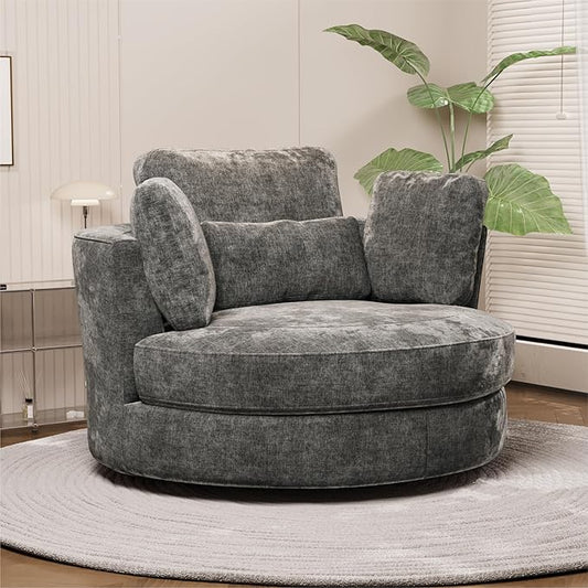 Chifee &amp Vingol 50.2 Oversized Swivel Accent Chair Upholstered Round Barrel Chair with Pillows Swivel Chairs for Living Room BedroomChenilleGray