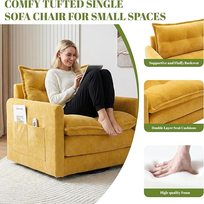 Square Swivel Chair360°Rotation Armchair for ReadingPlush Chenille Upholstered Accent Club Chair with ArmsModern Single Cloud Sofa Chair for Living Room Bedroom (1 Mustard Yellow)