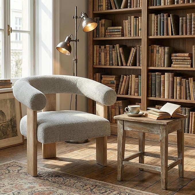 VKNOW Accent Chair Living Room Chair Modern Upholstered Arm Chair with Solid Wood Legs Comfy Barrel Accent Chair for Living Room Bedroom Dark Grey