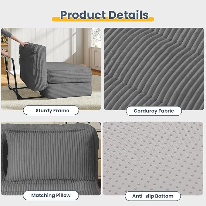 Convertible Folding Sofa Bed with Fixed FrameBoneless Couch Loveseat Sleeper with 5-Position Adjustable Backrest &amp Thickened CushionFuton Couch with 2 Pillows for BedroomSmall Spaces