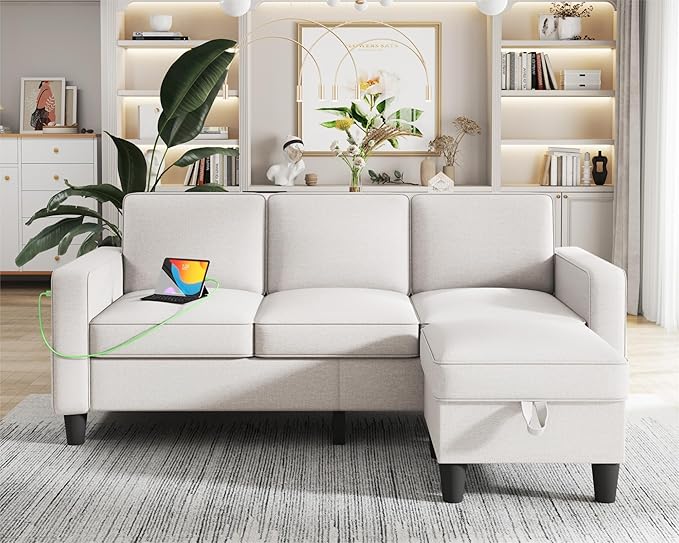 Sectional Couches for Living Room - Convertible 3 Seater L Shaped Couch with Storage Ottoman USB Charging Port - Beige Modern Linen Fabric Sofas Furniture Set for Apartment Loft Studio Small Space | U