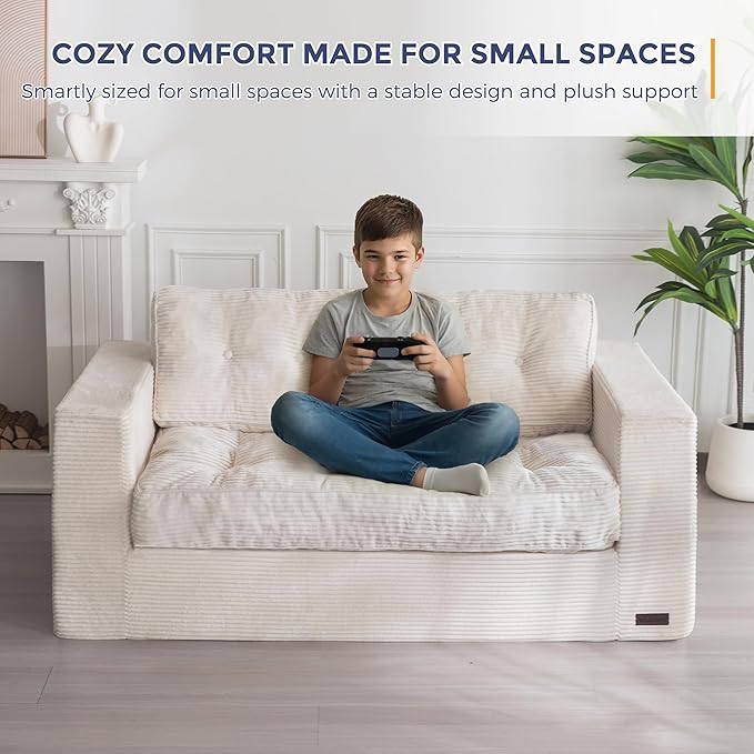 MAXYOYO Bean Bag Chair for Adults Upholstered Floor Sofa with Armrests Loveseat Boneless Couch with Tufted Cushion &amp Backrest Sofa in A Box Large Bean Bag Couch for Bedroom Living Room Beige