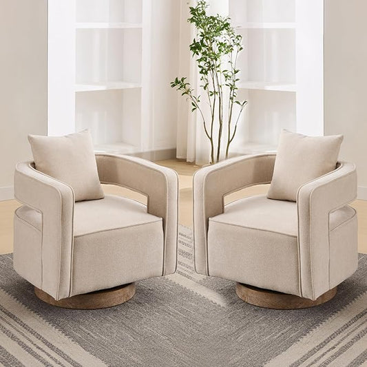 Swivel Accent Chairs Set of 2 Upholstered 360° Round Barrel Arm Chair with Open Back &amp Wood Base Comfy Linen Blend Square Single Club Chair for Living Room Bedroom Office Hotel Reception (Beige)