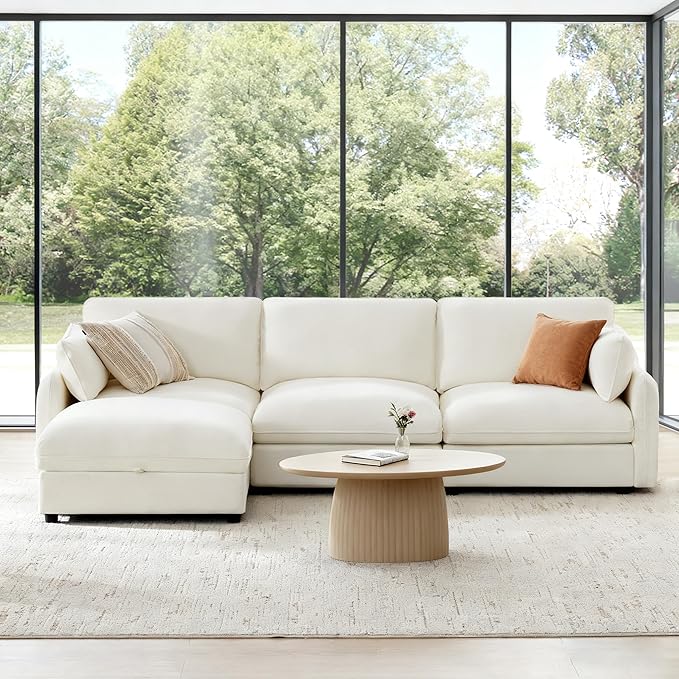113 Cloud Sectional Couches for Living RoomL Shaped Oversized Modular Modern Linen Sofa with 1 Movable Ottoman4 Deep Seat with 2 Throw PillowsWarm White