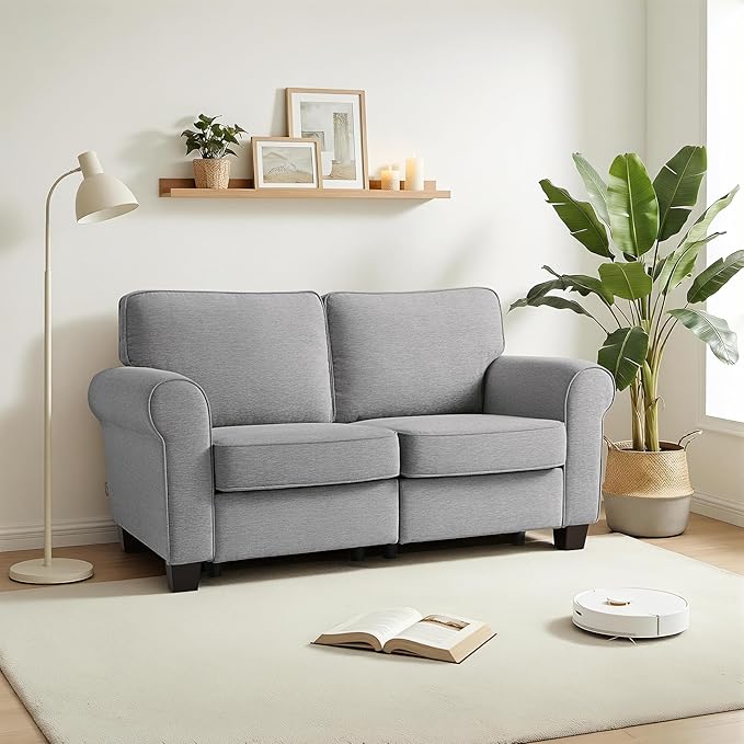 MCombo 67.7 Loveseat Sofa 2-Seater Small Couch for Small Spaces Classic Rolled Arm Upholstered Sofa with Solid Wood Legs for Living Room Removable Cover Chenille Fabric VE730 (Light Grey)